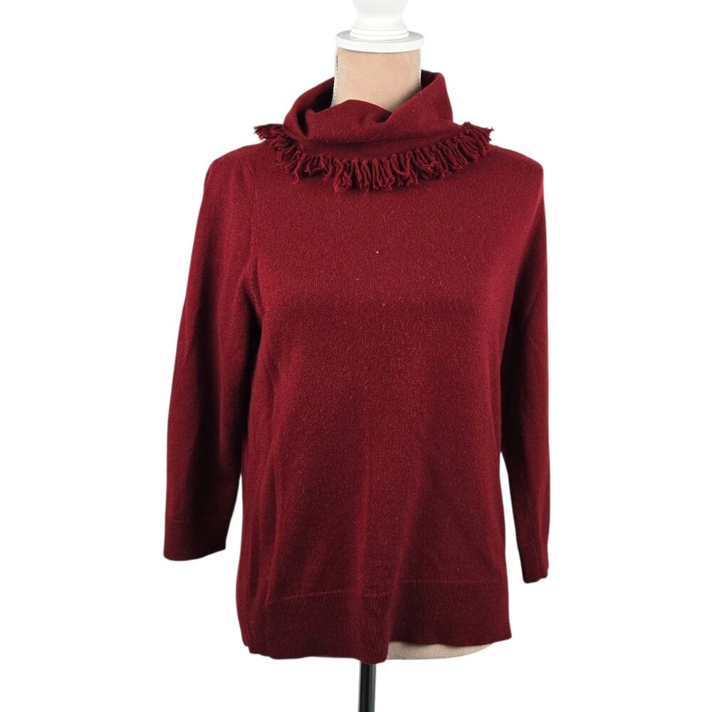 TSE Turtleneck Sweater 100% Cashmere Fringe Collar 3/4 Sleeve Burgundy Large